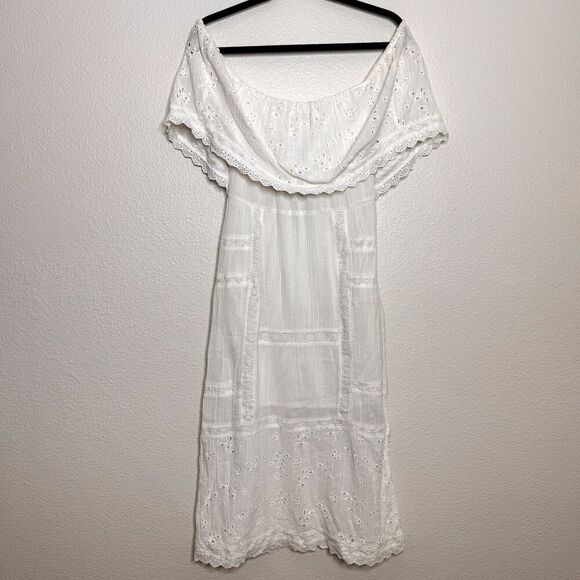 Free People Off Shoulder Dress Medium Ivory Cottagecore Prairie Indie Midi Eyele - Picture 2 of 15